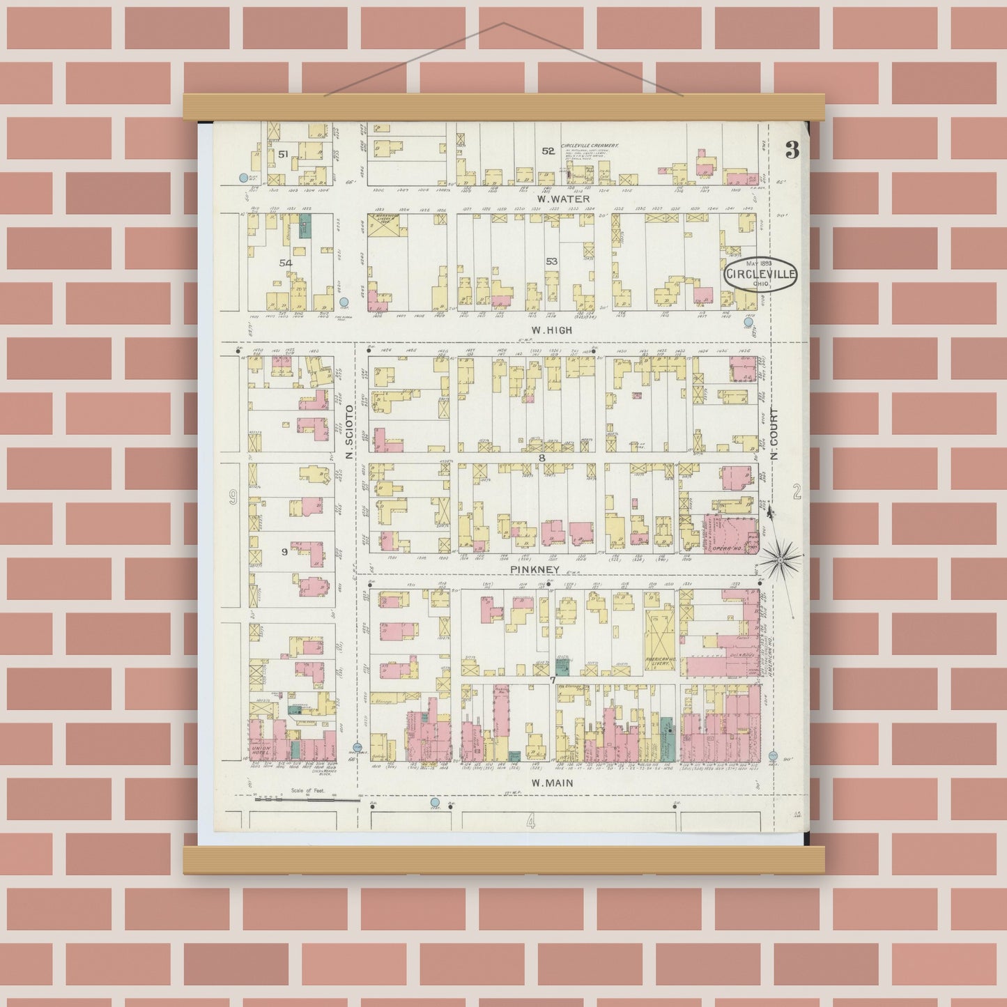 Old map wall art mockup — magnetic wood frame on brick wall — Sanborn Fire Insurance Map from Circleville, Pickaway County, Ohio (1893), Sheet #0003