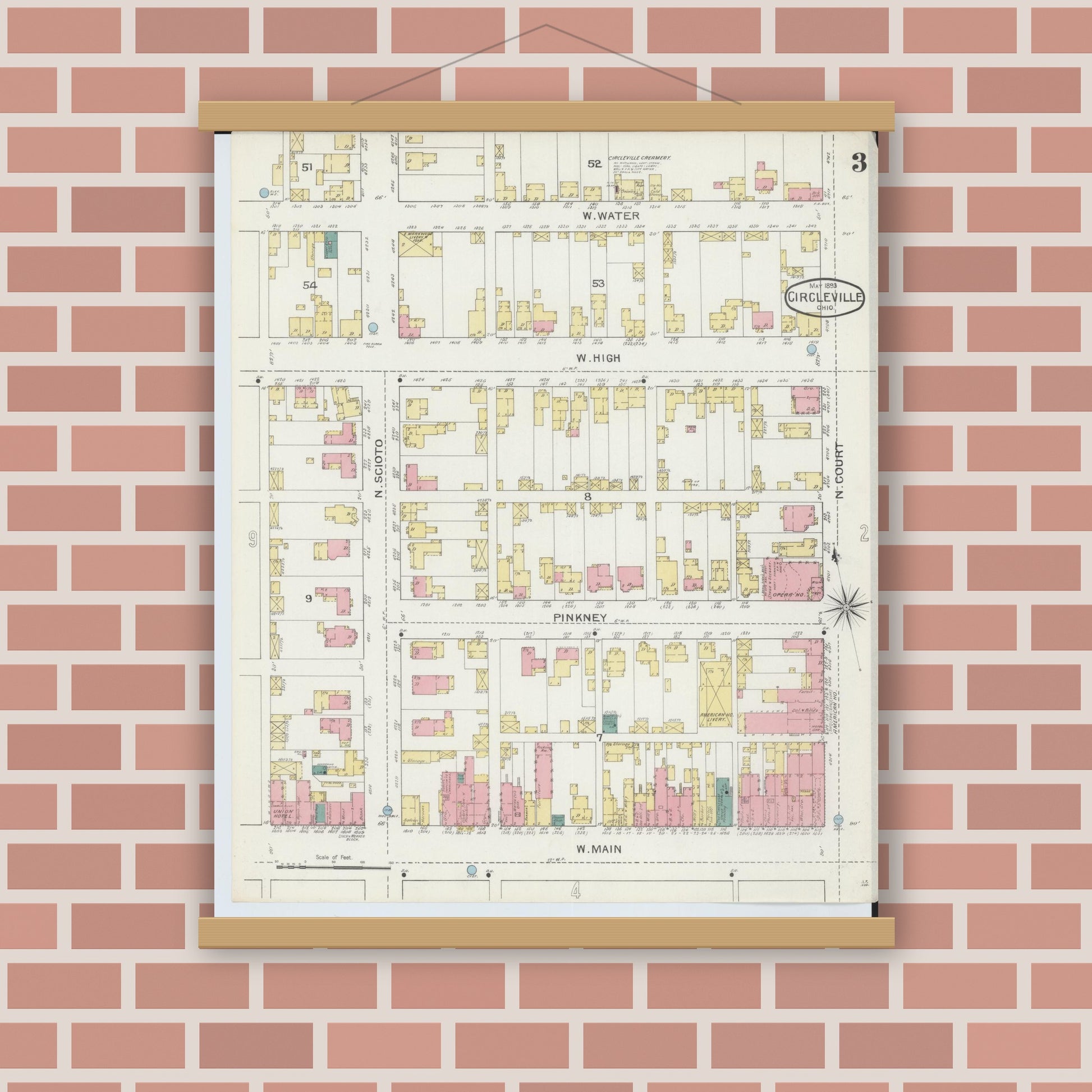 Old map wall art mockup — magnetic wood frame on brick wall — Sanborn Fire Insurance Map from Circleville, Pickaway County, Ohio (1893), Sheet #0003