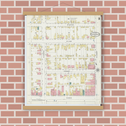 Old map wall art mockup — magnetic wood frame on brick wall — Sanborn Fire Insurance Map from Circleville, Pickaway County, Ohio (1893), Sheet #0003