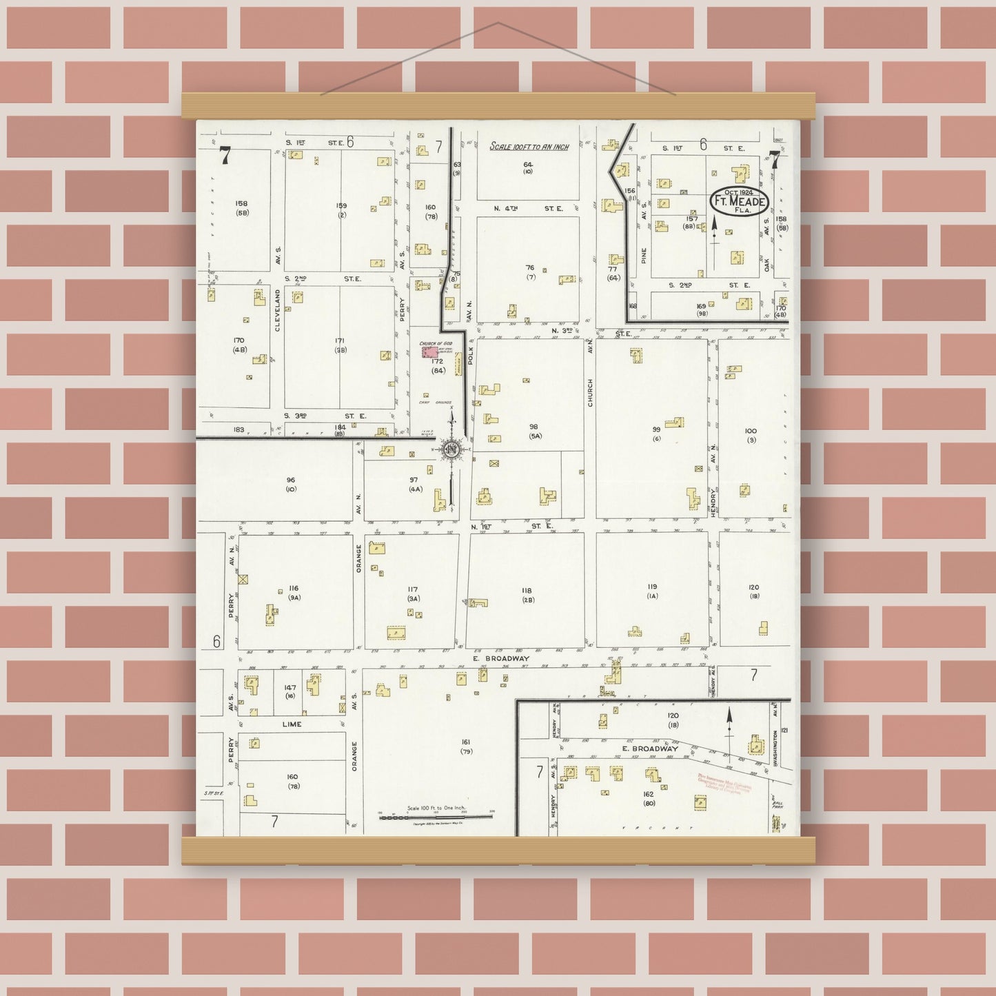 Old map wall art mockup — magnetic wood frame on brick wall — Sanborn Fire Insurance Map from Fort Meade, Polk County, Florida (1924), Sheet #0007