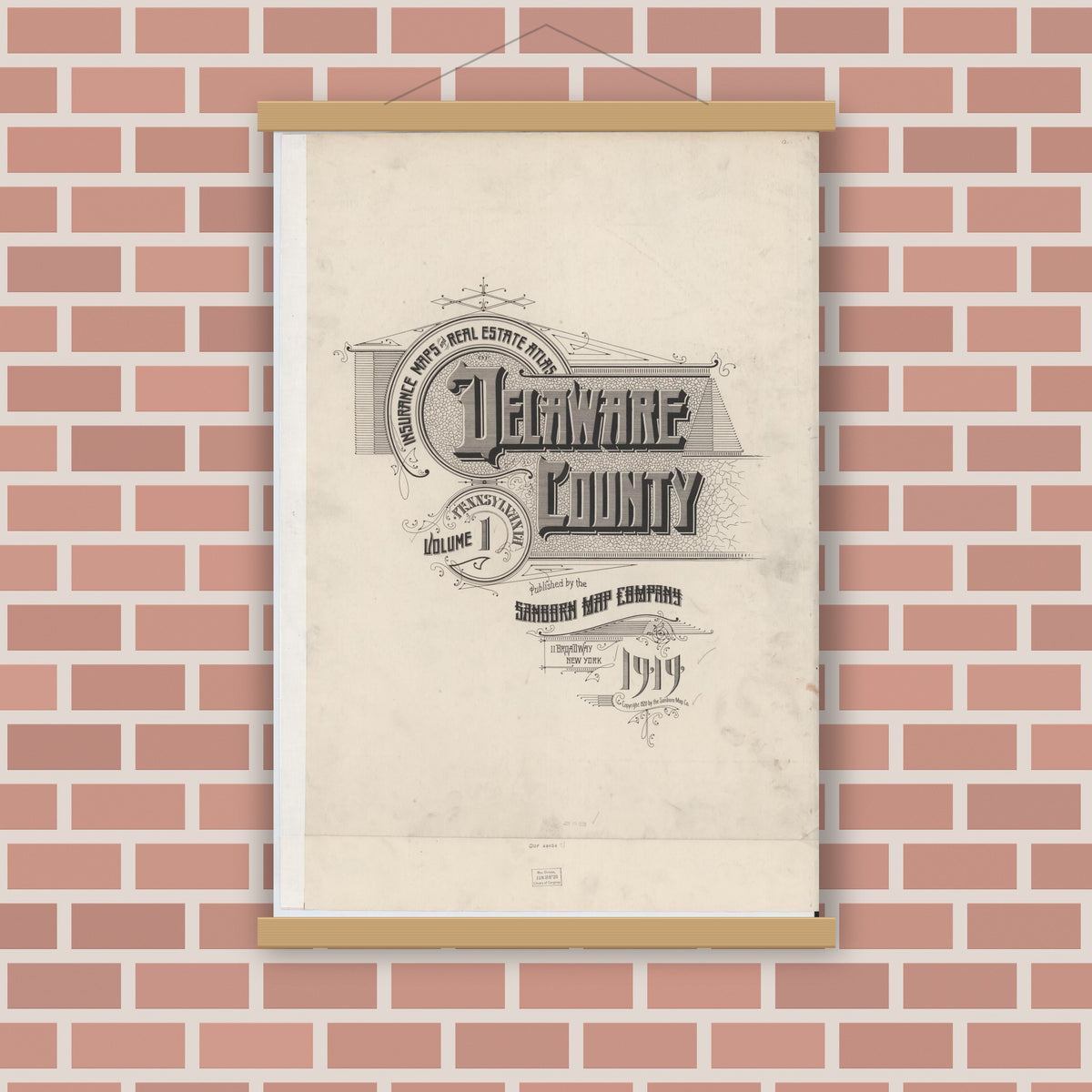 Old map wall art mockup — magnetic wood frame on brick wall — Sanborn Fire Insurance Map from Delaware Co., Delaware County, Pennsylvania (1925), Sheet #0001