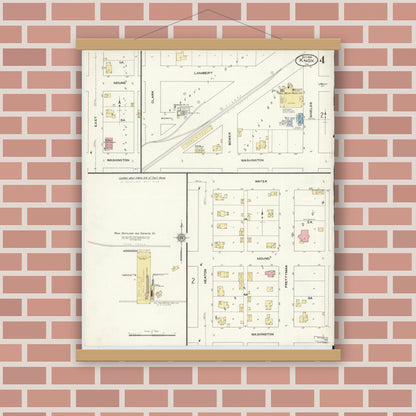 Old map wall art mockup — magnetic wood frame on brick wall — Sanborn Fire Insurance Map from Knox, Starke County, Indiana (1909), Sheet #0004