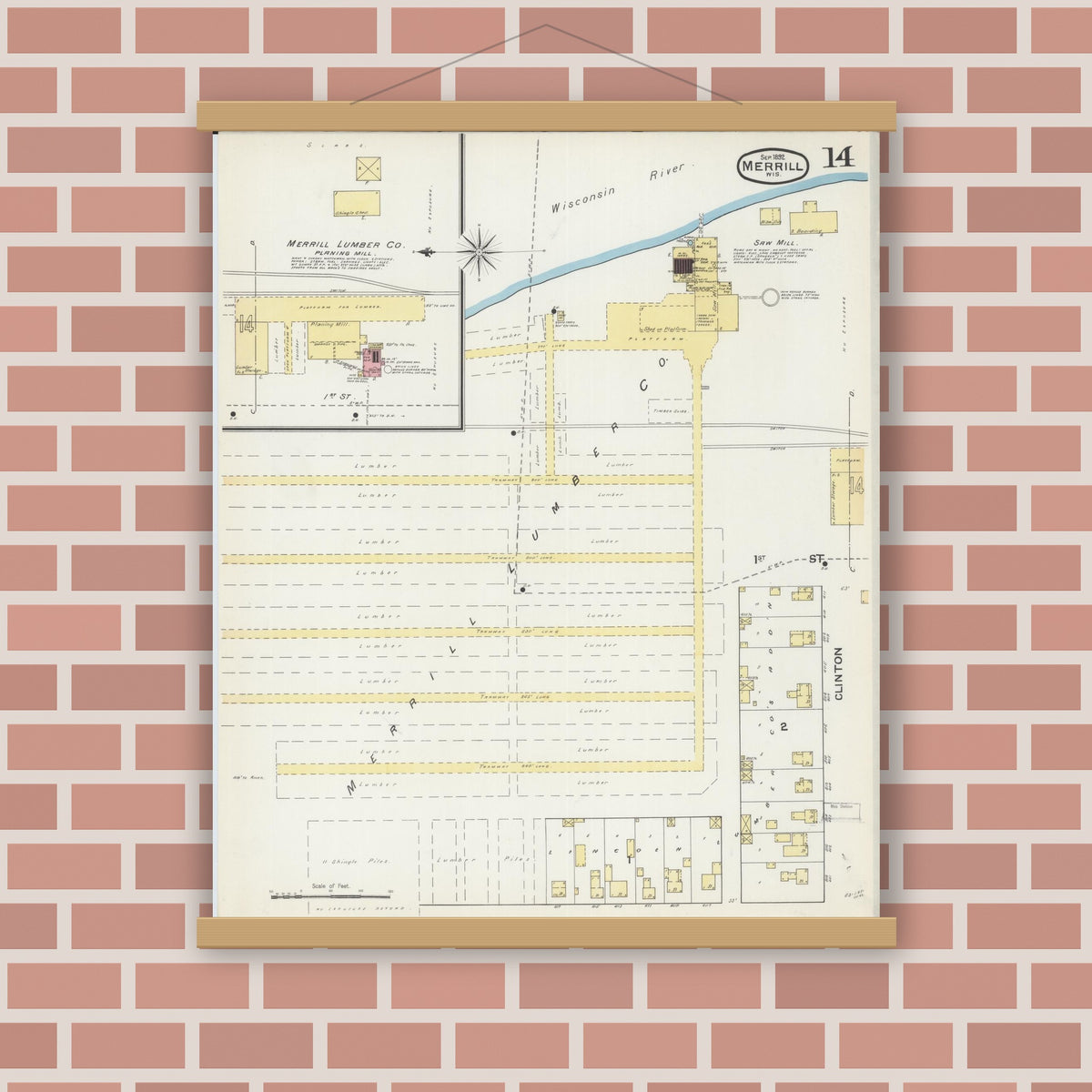 Old map wall art mockup — magnetic wood frame on brick wall — Sanborn Fire Insurance Map from Merrill, Lincoln County, Wisconsin (1892), Sheet #0014