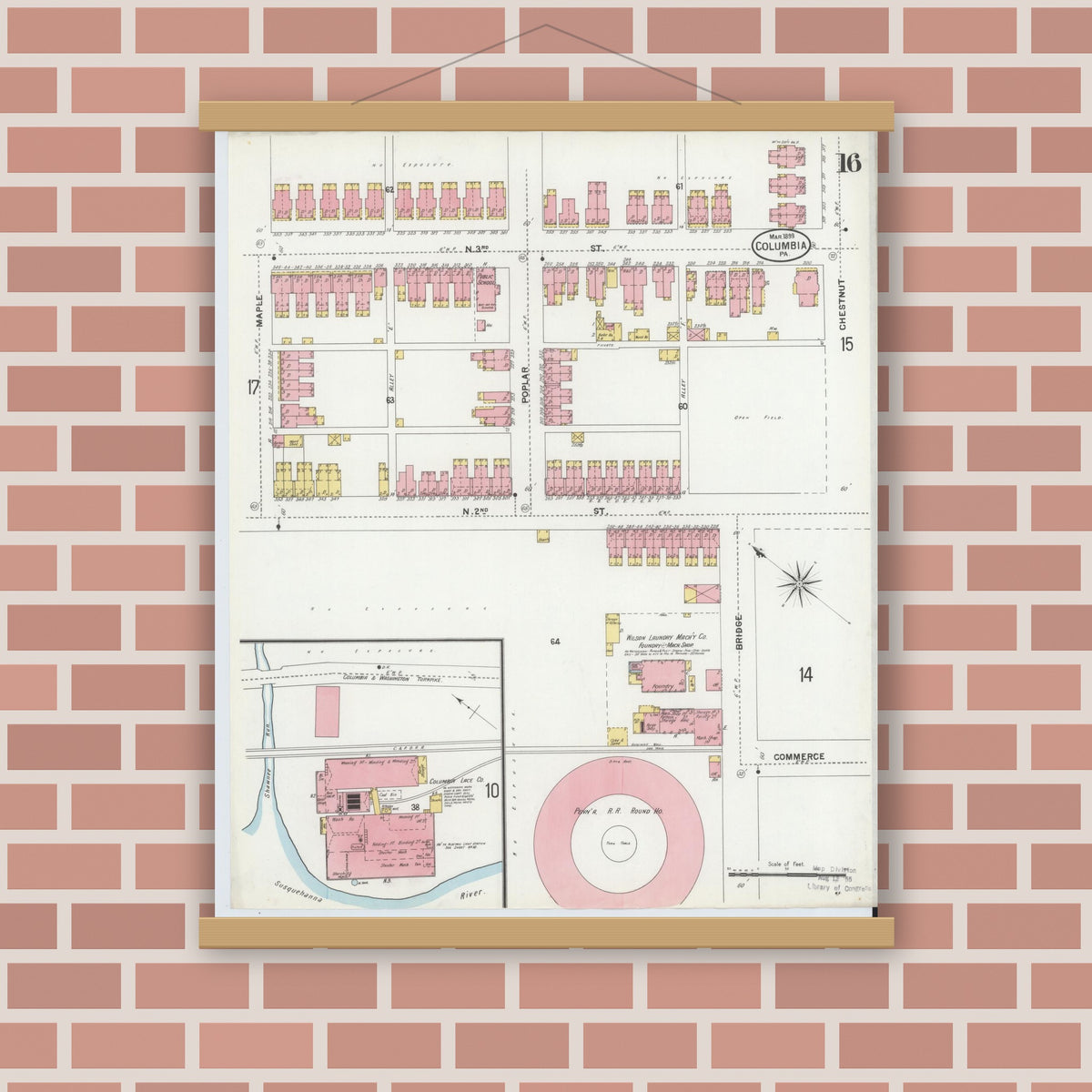 Old map wall art mockup — magnetic wood frame on brick wall — Sanborn Fire Insurance Map from Columbia, Lancaster County, Pennsylvania (1899), Sheet #0016