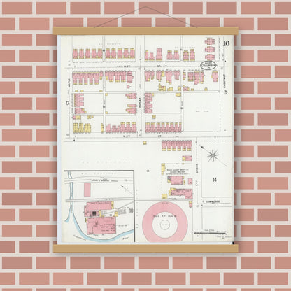 Old map wall art mockup — magnetic wood frame on brick wall — Sanborn Fire Insurance Map from Columbia, Lancaster County, Pennsylvania (1899), Sheet #0016