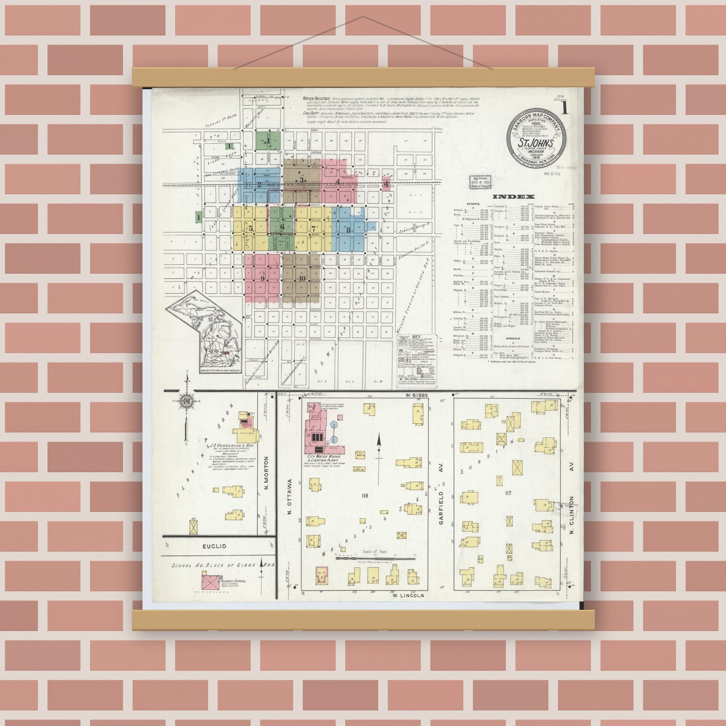 Old map wall art mockup — magnetic wood frame on brick wall — Sanborn Fire Insurance Map from Saint Johns, Clinton County, Michigan (1918) - Complete Map Set