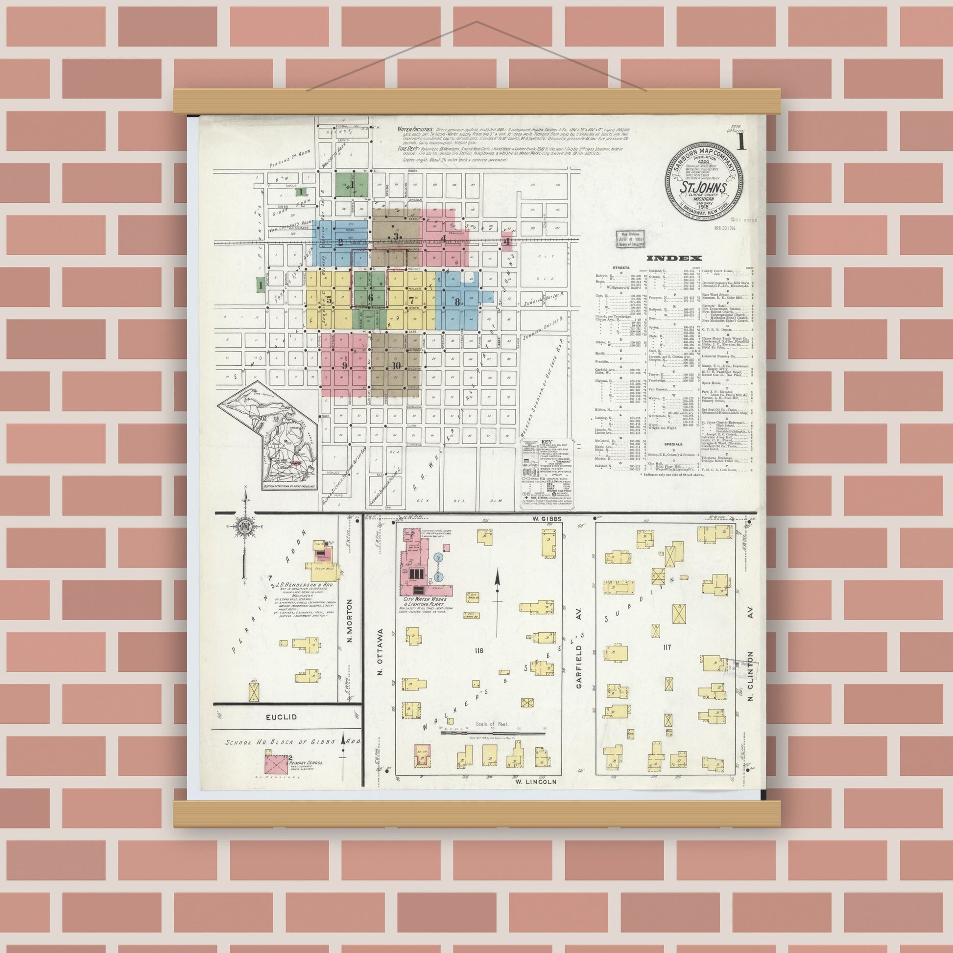 Old map wall art mockup — magnetic wood frame on brick wall — Sanborn Fire Insurance Map from Saint Johns, Clinton County, Michigan (1918) - Complete Map Set