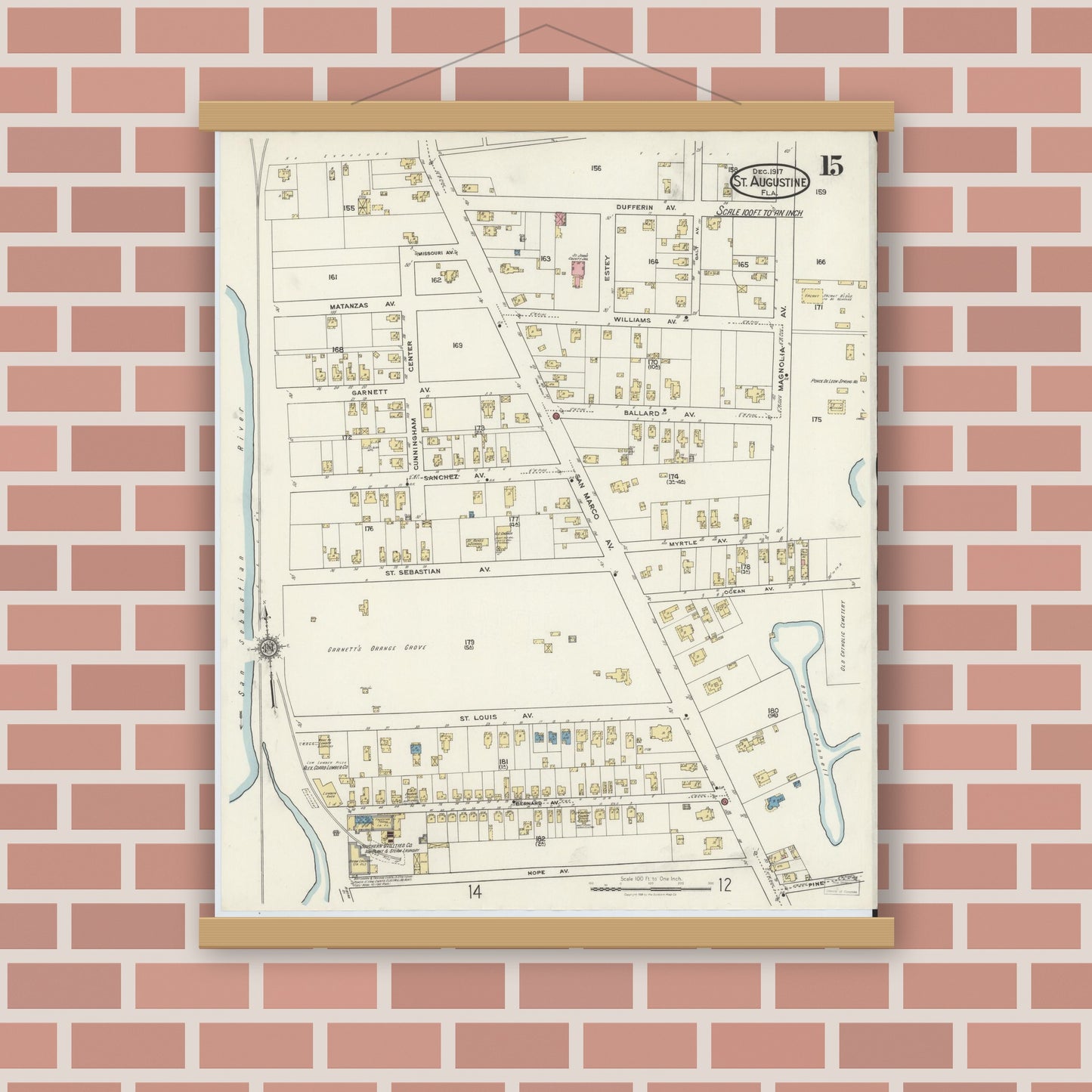Old map wall art mockup — magnetic wood frame on brick wall — Sanborn Fire Insurance Map from Saint Augustine, Saint John's County, Florida (1917), Sheet #0015