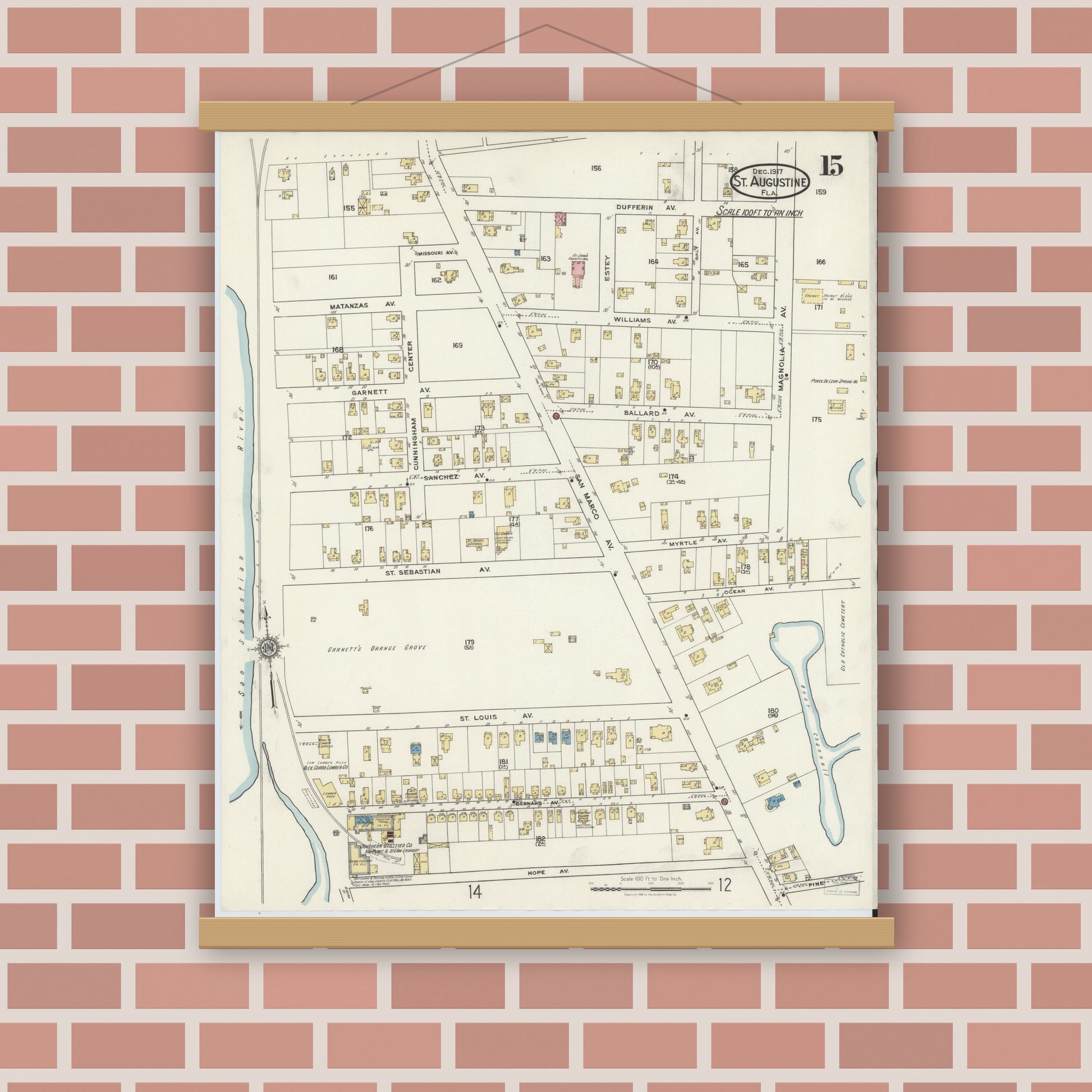 Old map wall art mockup — magnetic wood frame on brick wall — Sanborn Fire Insurance Map from Saint Augustine, Saint John's County, Florida (1917), Sheet #0015