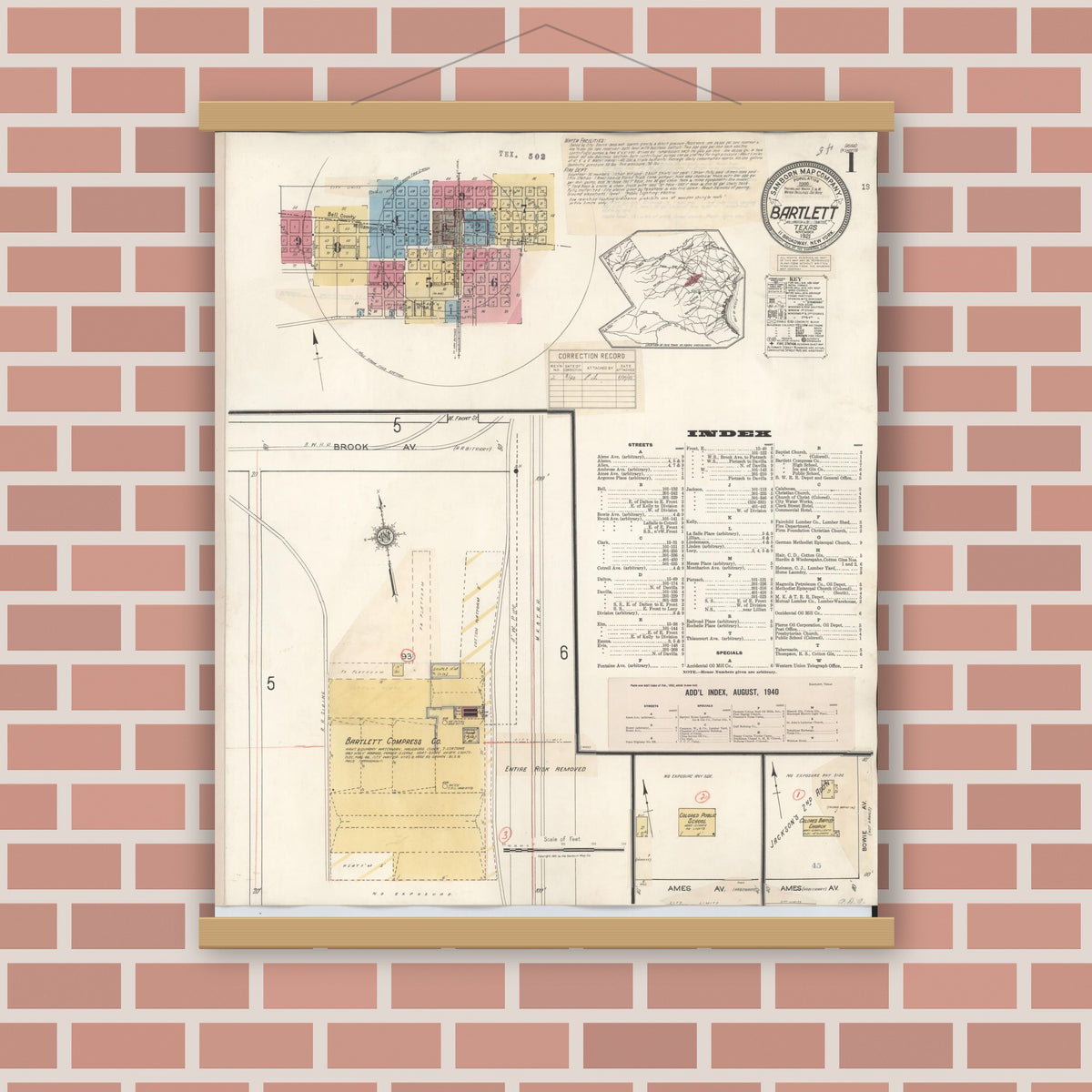 Old map wall art mockup — magnetic wood frame on brick wall — Sanborn Fire Insurance Map from Bartlett, Bell and Williamson Counties, Texas (1940) - Complete Map Set