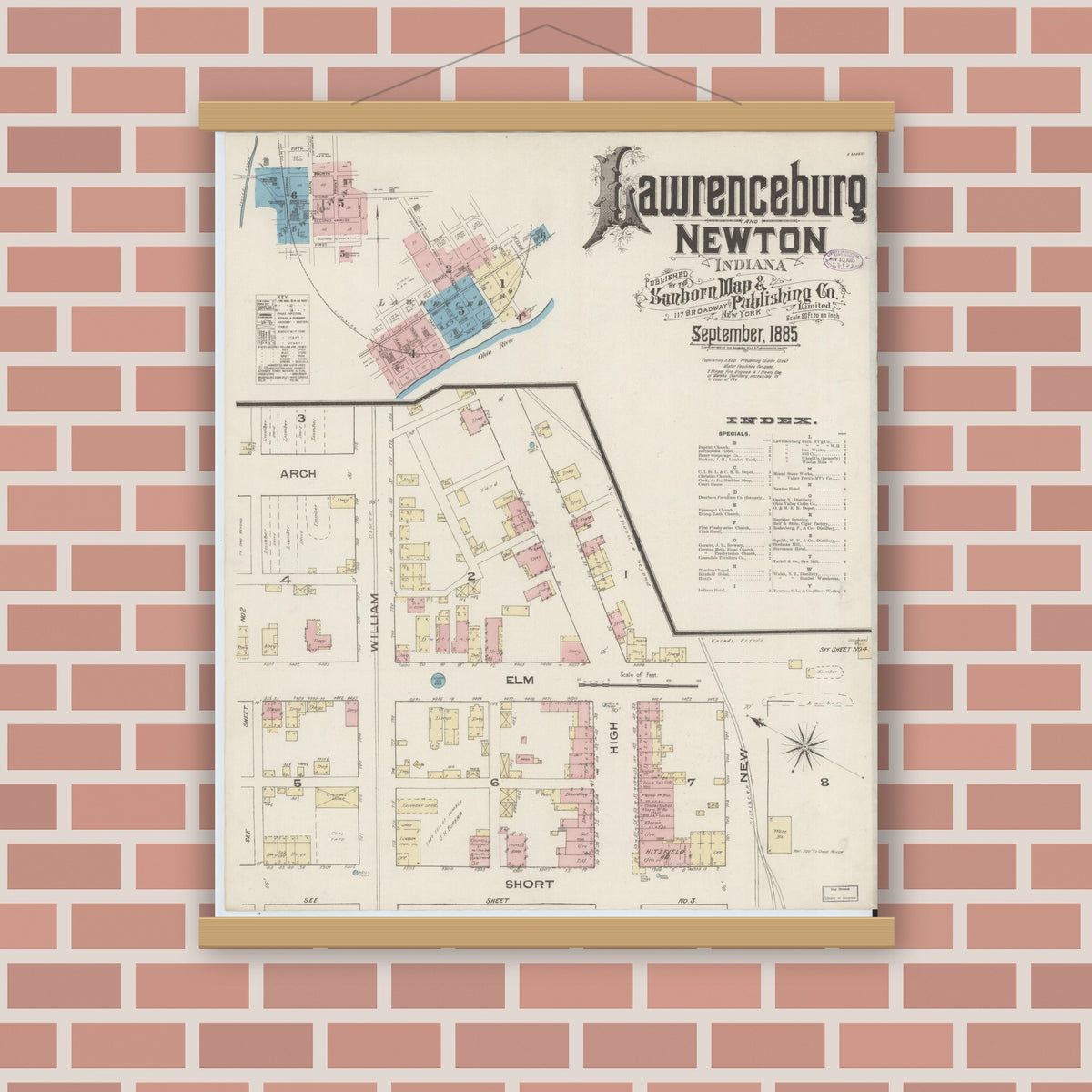 Old map wall art mockup — magnetic wood frame on brick wall — Sanborn Fire Insurance Map from Lawrenceburg, Dearborn County, Indiana (1885) - Complete Map Set