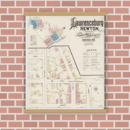 Old map wall art mockup — magnetic wood frame on brick wall — Sanborn Fire Insurance Map from Lawrenceburg, Dearborn County, Indiana (1885) - Complete Map Set