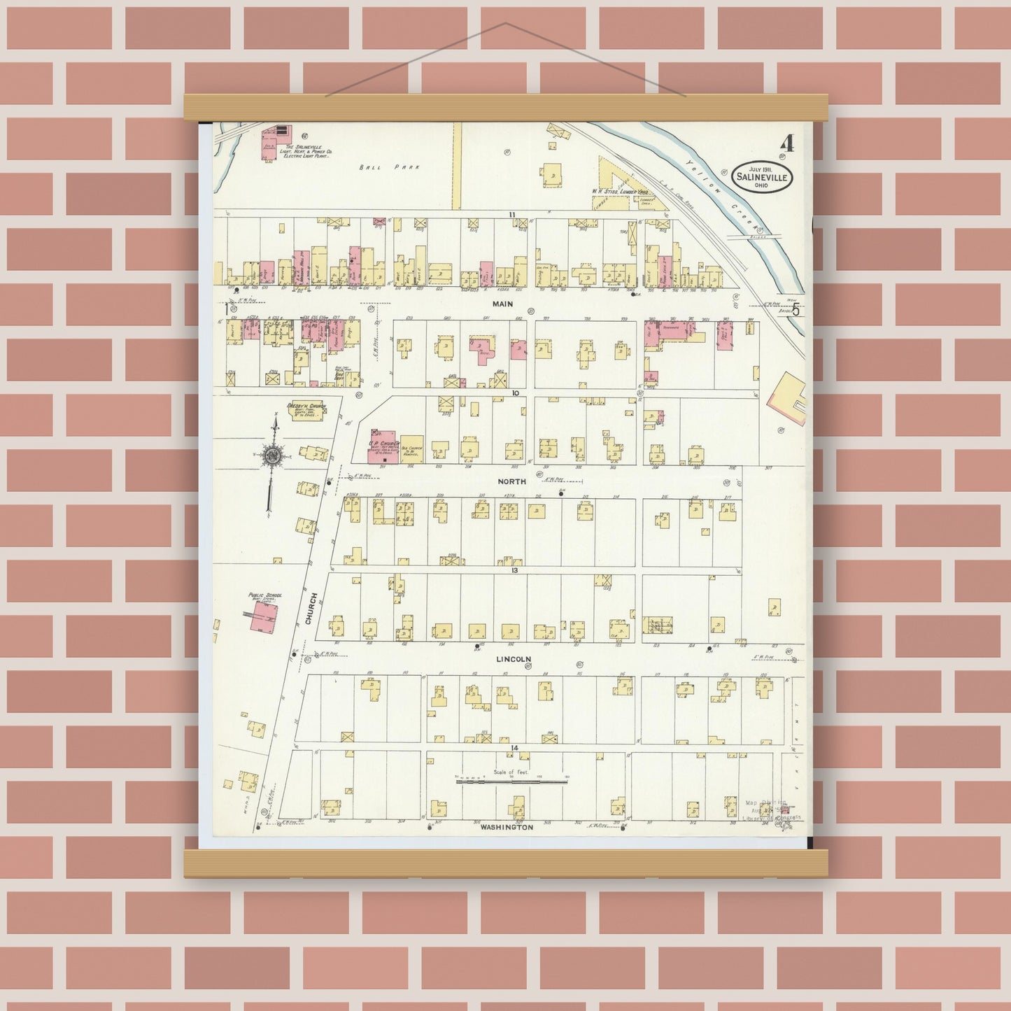 Old map wall art mockup — magnetic wood frame on brick wall — Sanborn Fire Insurance Map from Salineville, Columbiana County, Ohio (1911), Sheet #0004