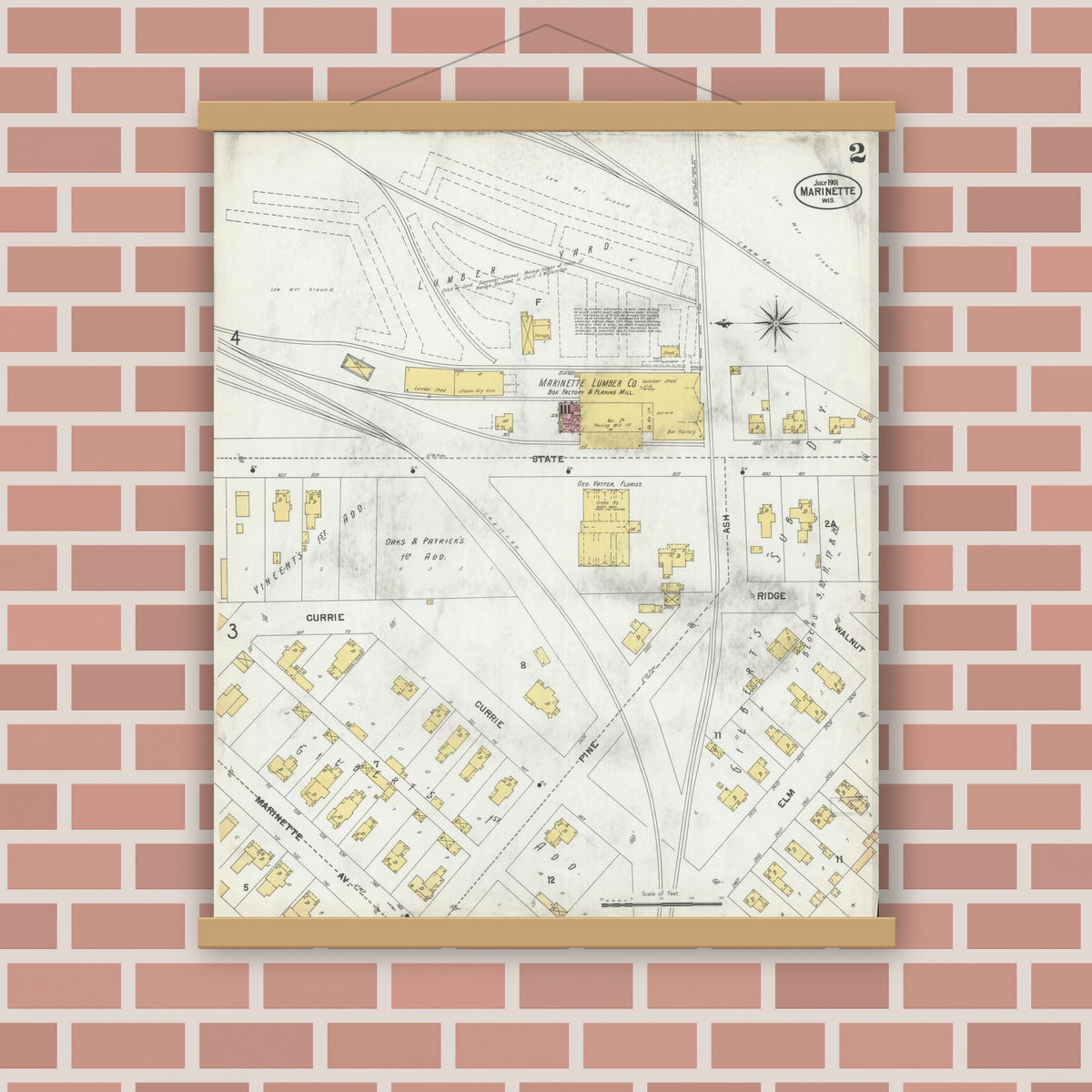 Old map wall art mockup — magnetic wood frame on brick wall — Sanborn Fire Insurance Map from Marinette, Marinette County, Wisconsin (1901), Sheet #0002