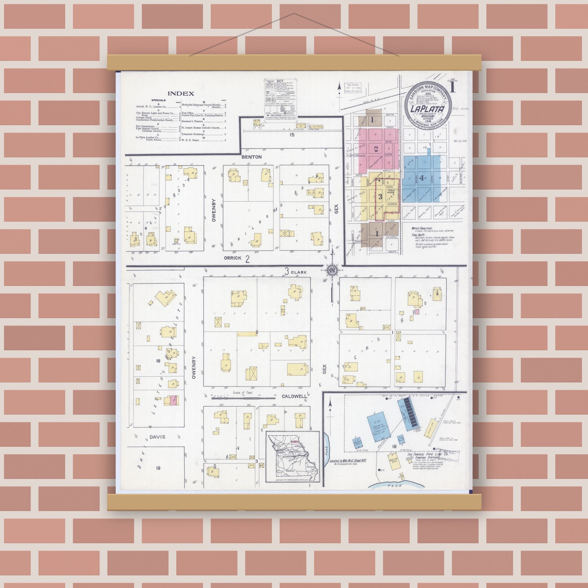 Old map wall art mockup — magnetic wood frame on brick wall — Sanborn Fire Insurance Map from La Plata, Macon County, Missouri (1916), Sheet #0001