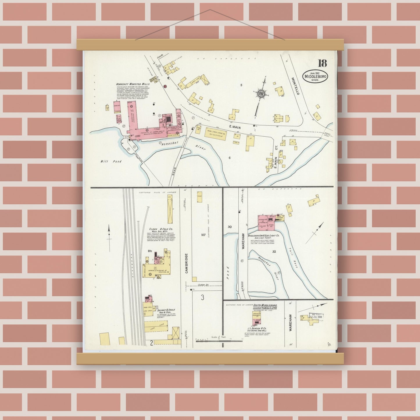 Old map wall art mockup — magnetic wood frame on brick wall — Sanborn Fire Insurance Map from Middleboro, Plymouth County, Massachusetts (1912), Sheet #0018