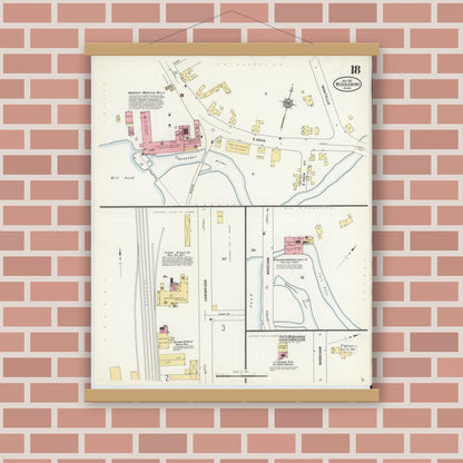 Old map wall art mockup — magnetic wood frame on brick wall — Sanborn Fire Insurance Map from Middleboro, Plymouth County, Massachusetts (1912), Sheet #0018