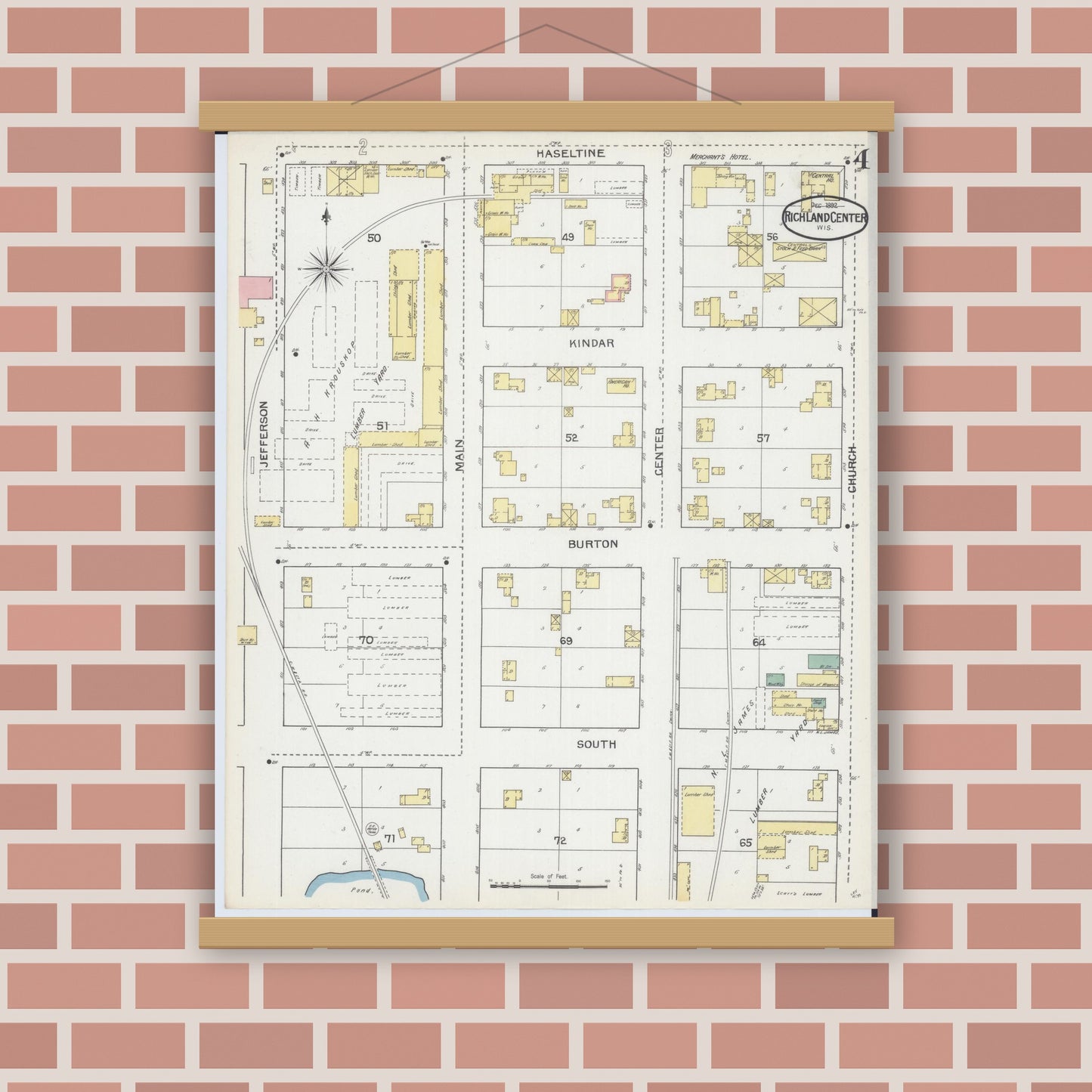 Old map wall art mockup — magnetic wood frame on brick wall — Sanborn Fire Insurance Map from Richland Center, Richland County, Wisconsin (1892), Sheet #0004