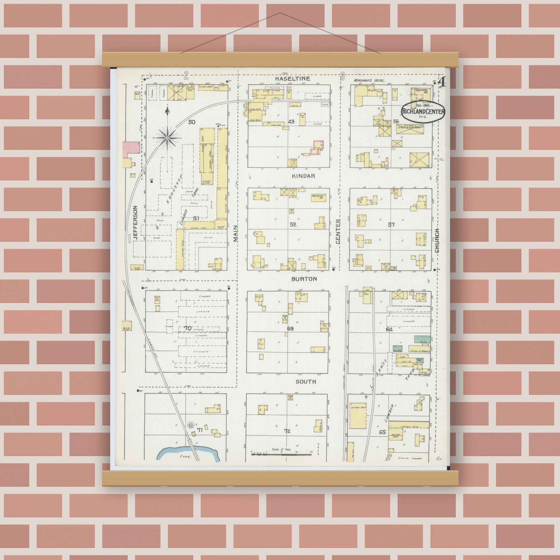 Old map wall art mockup — magnetic wood frame on brick wall — Sanborn Fire Insurance Map from Richland Center, Richland County, Wisconsin (1892), Sheet #0004