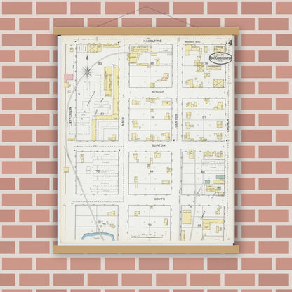 Old map wall art mockup — magnetic wood frame on brick wall — Sanborn Fire Insurance Map from Richland Center, Richland County, Wisconsin (1892), Sheet #0004