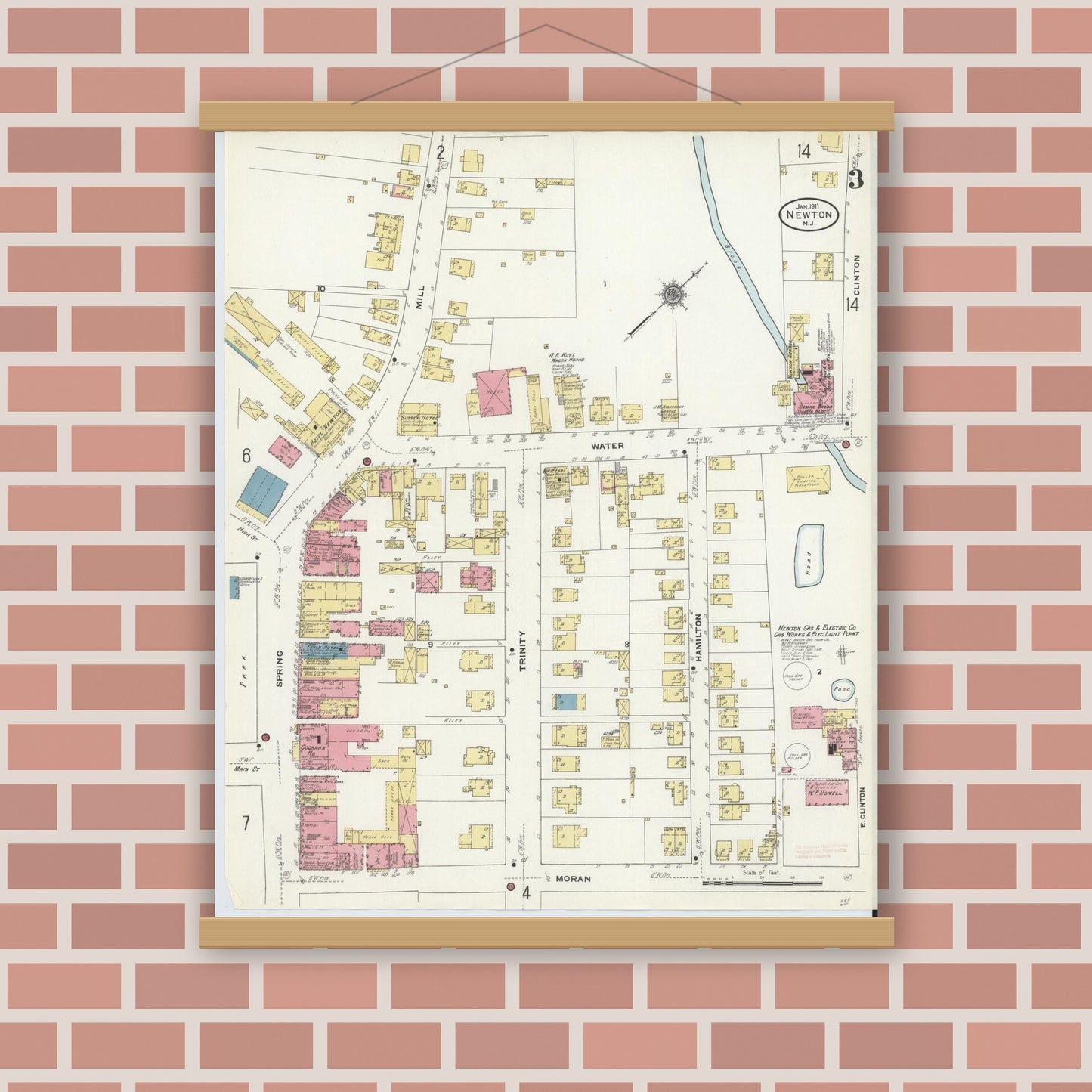 Old map wall art mockup — magnetic wood frame on brick wall — Sanborn Fire Insurance Map from Newton, Sussex County, New Jersey (1911), Sheet #0003