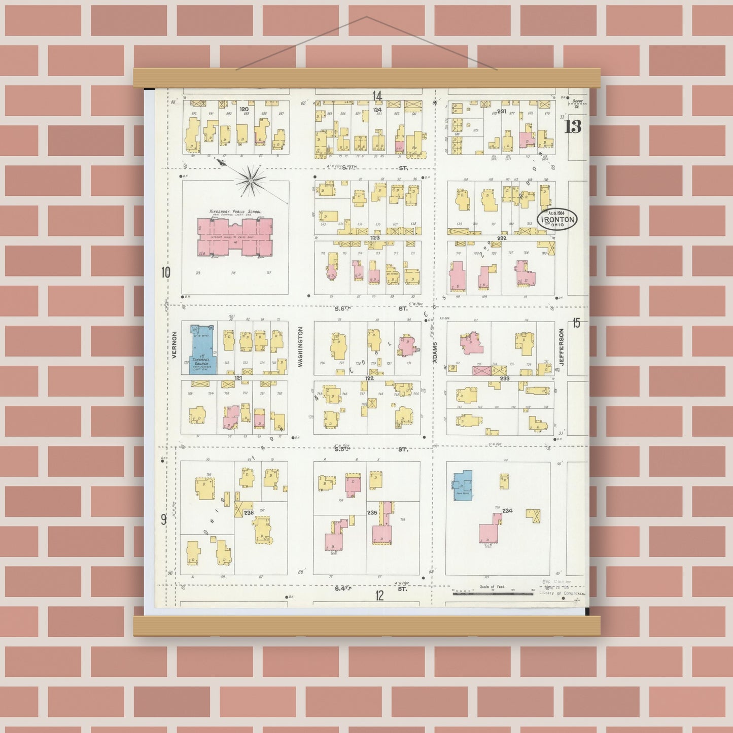 Old map wall art mockup — magnetic wood frame on brick wall — Sanborn Fire Insurance Map from Ironton, Lawrence County, Ohio (1904), Sheet #0013