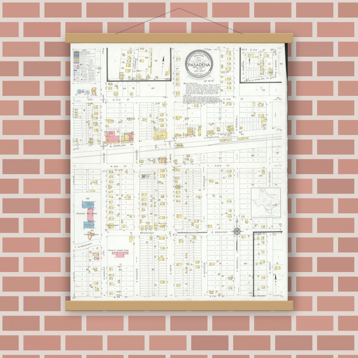 Old map wall art mockup — magnetic wood frame on brick wall — Sanborn Fire Insurance Map from Pasadena, Harris County, Texas (1932), Sheet #0001