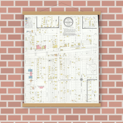 Old map wall art mockup — magnetic wood frame on brick wall — Sanborn Fire Insurance Map from Pasadena, Harris County, Texas (1932), Sheet #0001