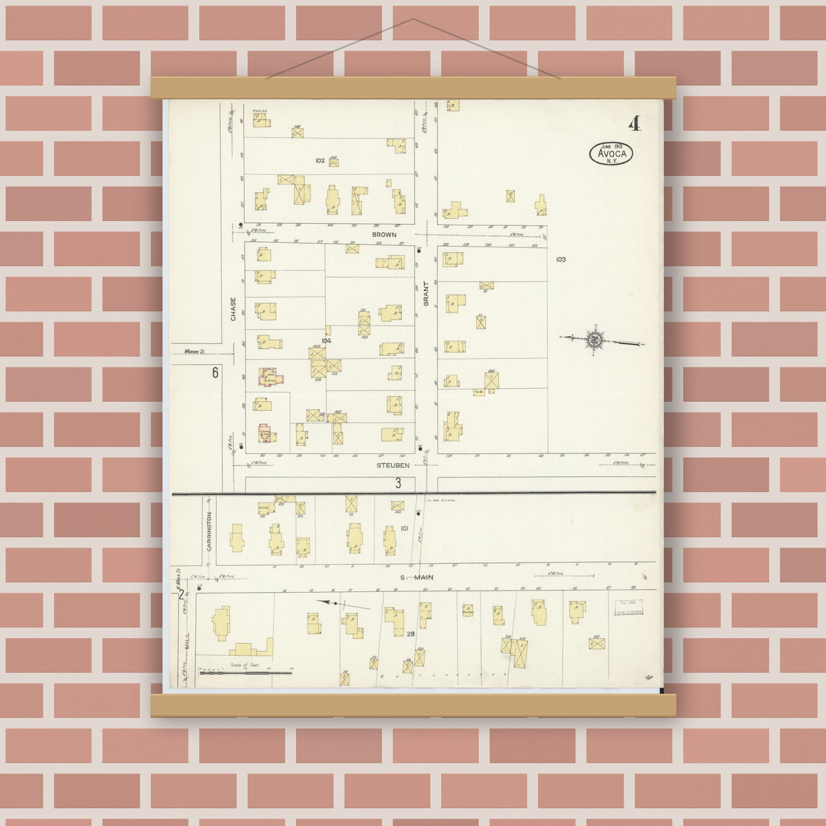 Old map wall art mockup — magnetic wood frame on brick wall — Sanborn Fire Insurance Map from Avoca, Steuben County, New York (1913), Sheet #0004