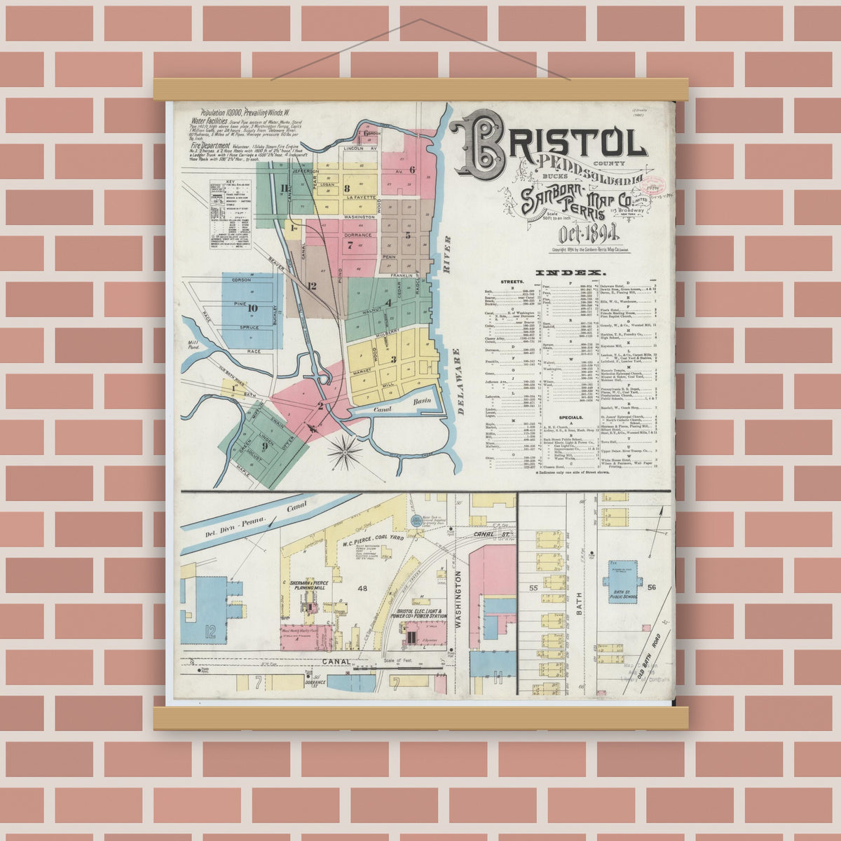 Old map wall art mockup — magnetic wood frame on brick wall — Sanborn Fire Insurance Map from Bristol, Bucks County, Pennsylvania (1894) - Complete Map Set