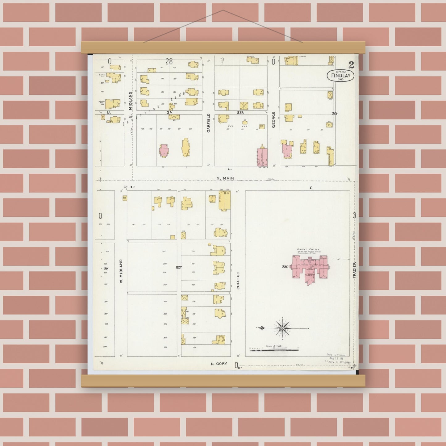 Old map wall art mockup — magnetic wood frame on brick wall — Sanborn Fire Insurance Map from Findlay, Hancock County, Ohio (1901), Sheet #0002