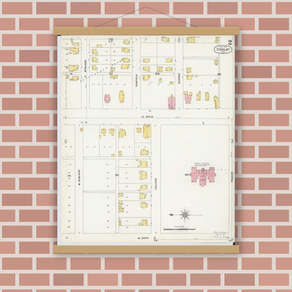 Old map wall art mockup — magnetic wood frame on brick wall — Sanborn Fire Insurance Map from Findlay, Hancock County, Ohio (1901), Sheet #0002