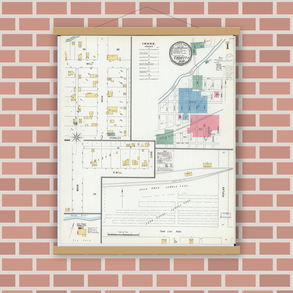 Old map wall art mockup — magnetic wood frame on brick wall — Sanborn Fire Insurance Map from Cadott, Chippewa County, Wisconsin (1900) - Complete Map Set