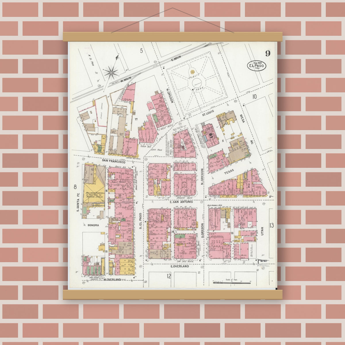 Old map wall art mockup — magnetic wood frame on brick wall — Sanborn Fire Insurance Map from El Paso, El Paso County, Texas (1900), Sheet #0009