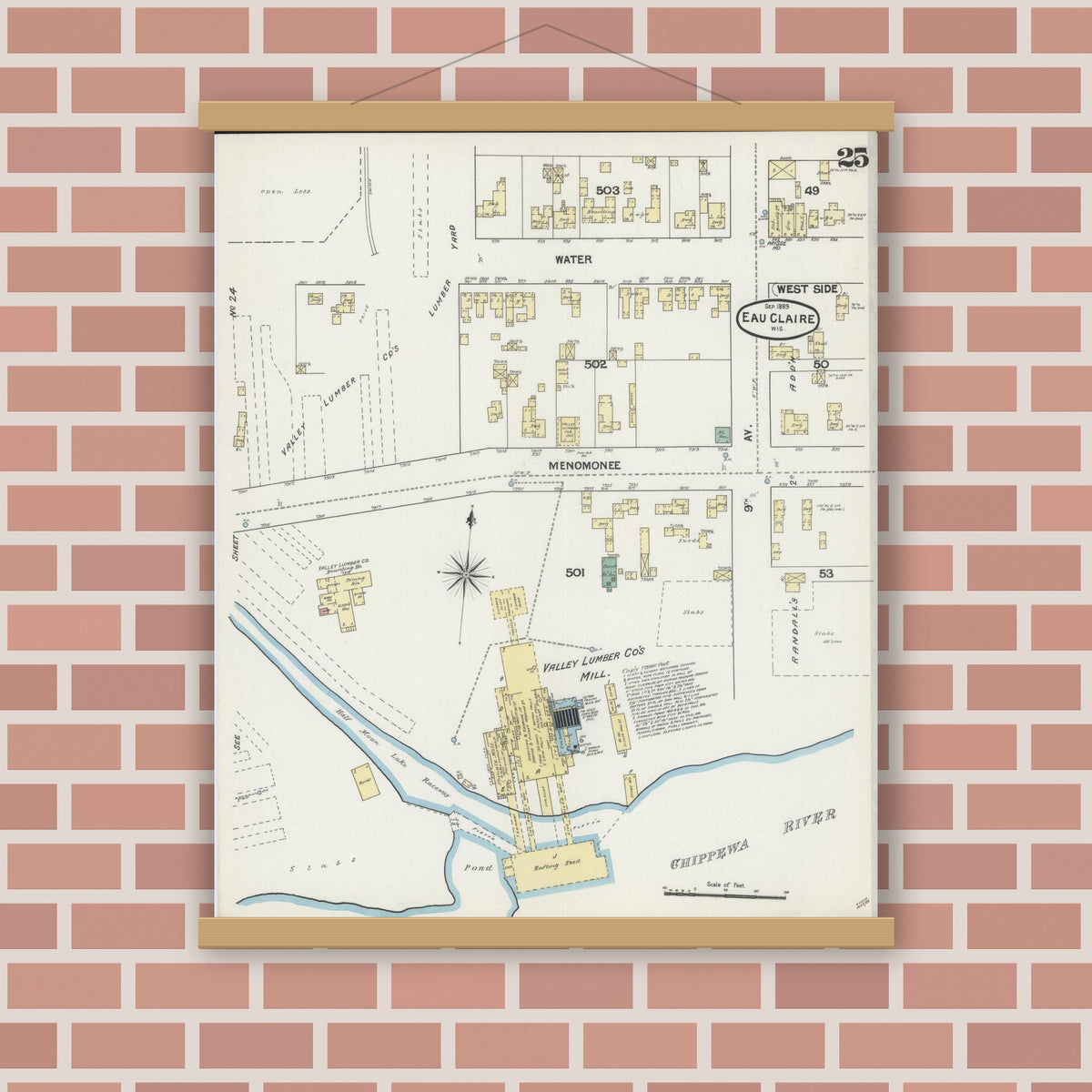 Old map wall art mockup — magnetic wood frame on brick wall — Sanborn Fire Insurance Map from Eau Claire, Eau Claire County, Wisconsin (1889), Sheet #0025