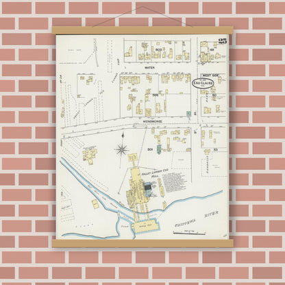 Old map wall art mockup — magnetic wood frame on brick wall — Sanborn Fire Insurance Map from Eau Claire, Eau Claire County, Wisconsin (1889), Sheet #0025
