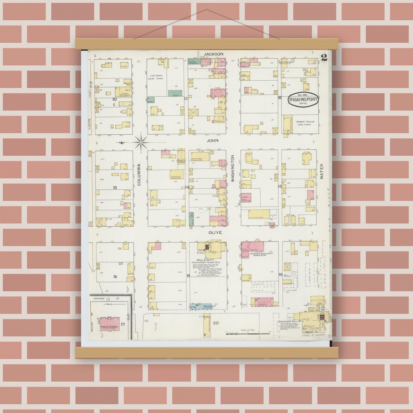 Old map wall art mockup — magnetic wood frame on brick wall — Sanborn Fire Insurance Map from Higginsport, Brown County, Ohio (1892), Sheet #0002