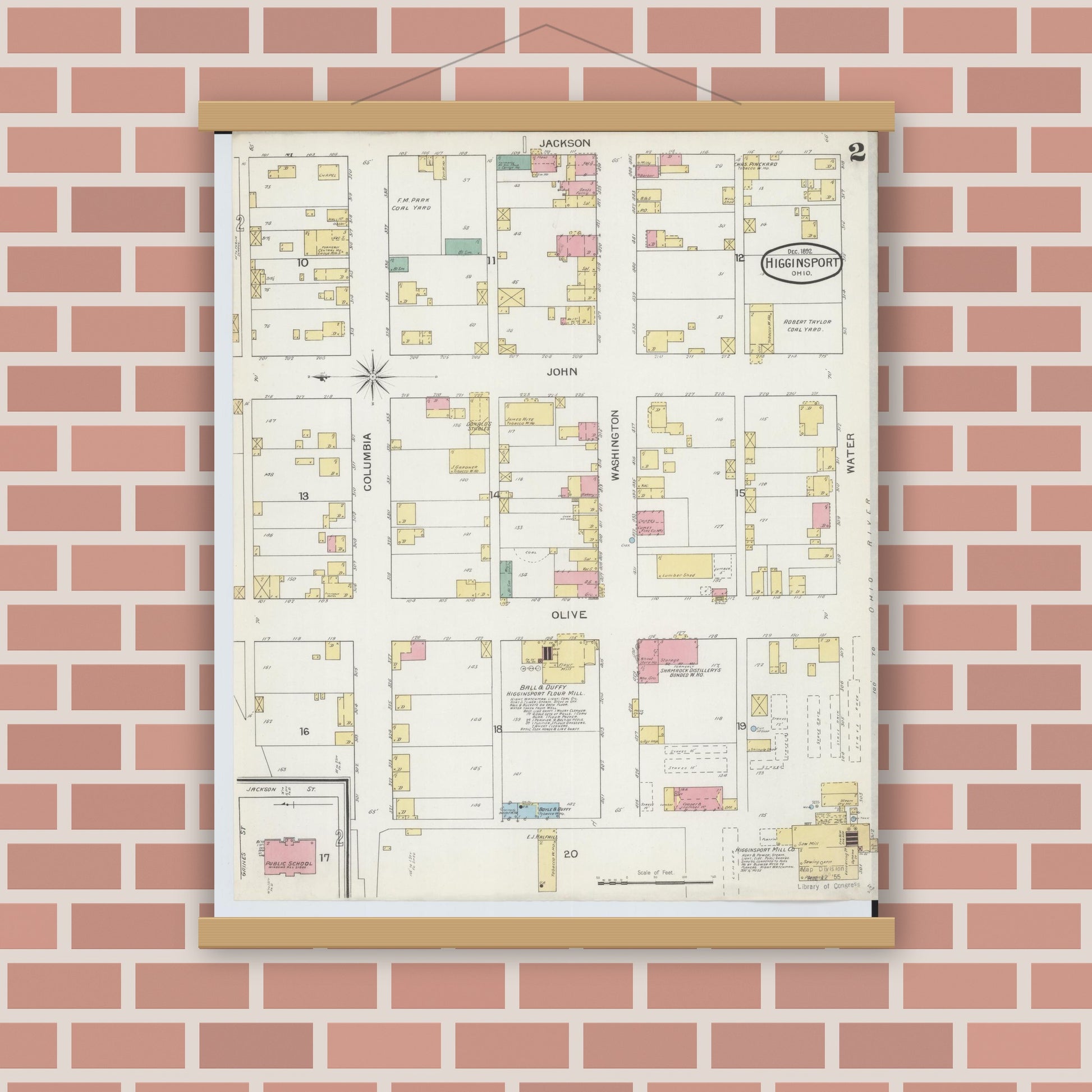 Old map wall art mockup — magnetic wood frame on brick wall — Sanborn Fire Insurance Map from Higginsport, Brown County, Ohio (1892), Sheet #0002