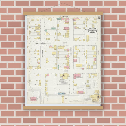 Old map wall art mockup — magnetic wood frame on brick wall — Sanborn Fire Insurance Map from Higginsport, Brown County, Ohio (1892), Sheet #0002