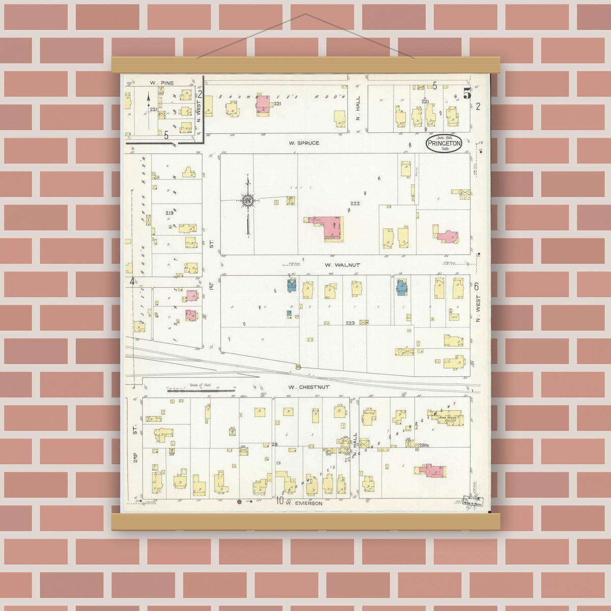 Old map wall art mockup — magnetic wood frame on brick wall — Sanborn Fire Insurance Map from Princeton, Gibson County, Indiana (1914), Sheet #0005