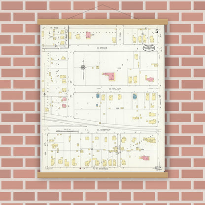 Old map wall art mockup — magnetic wood frame on brick wall — Sanborn Fire Insurance Map from Princeton, Gibson County, Indiana (1914), Sheet #0005