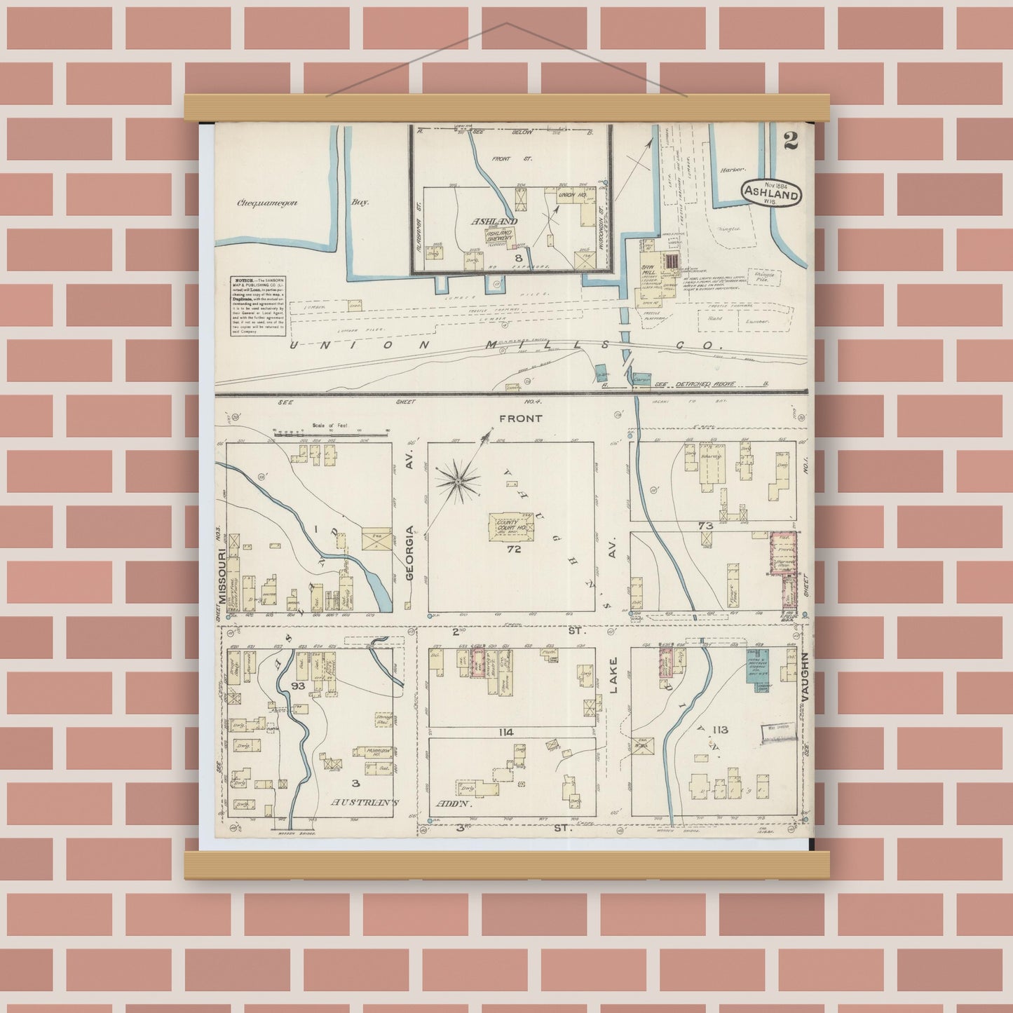 Old map wall art mockup — magnetic wood frame on brick wall — Sanborn Fire Insurance Map from Ashland, Ashland County, Wisconsin (1884), Sheet #0002