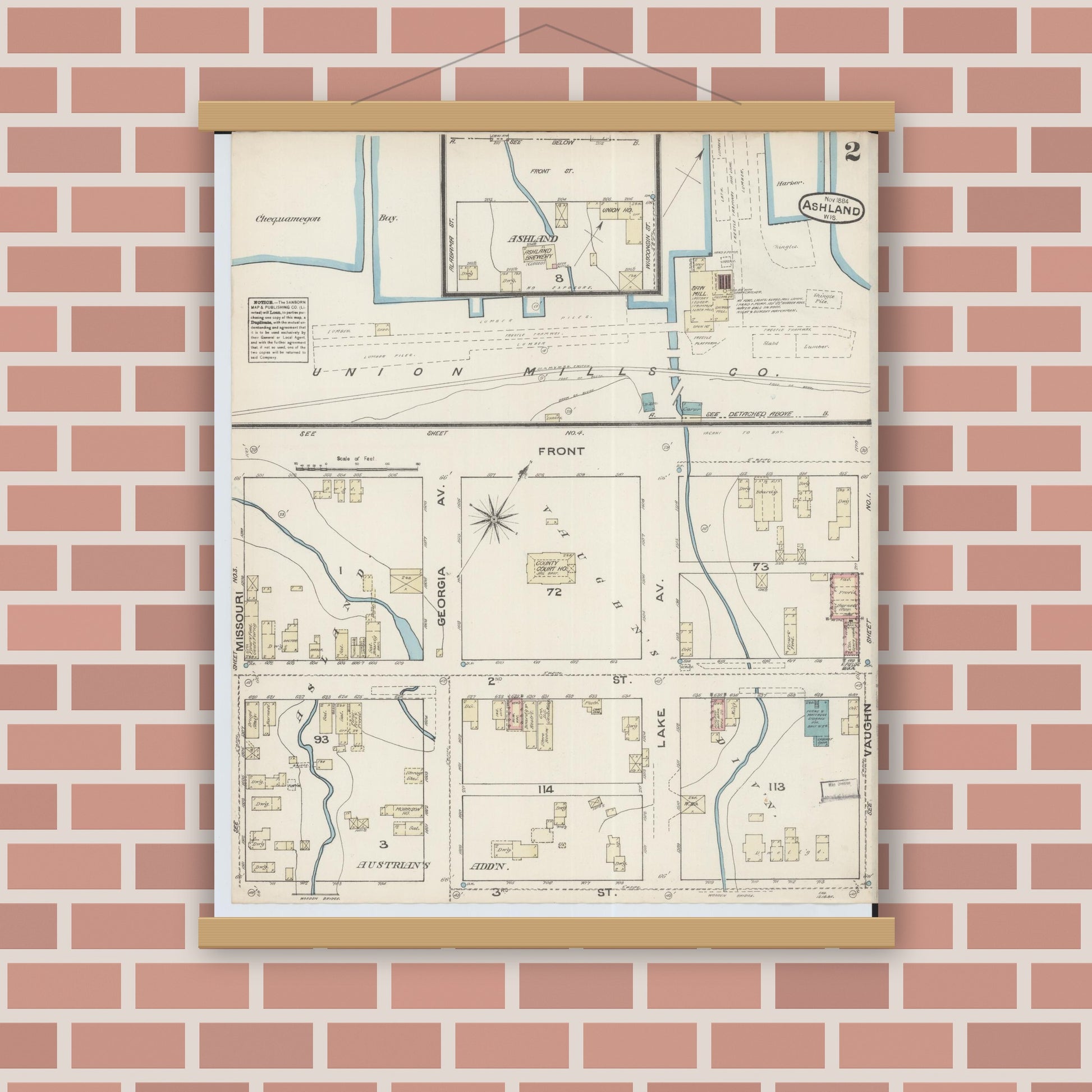 Old map wall art mockup — magnetic wood frame on brick wall — Sanborn Fire Insurance Map from Ashland, Ashland County, Wisconsin (1884), Sheet #0002