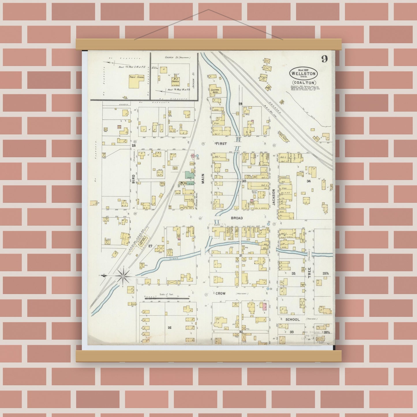 Old map wall art mockup — magnetic wood frame on brick wall — Sanborn Fire Insurance Map from Wellston, Jackson County, Ohio (1897), Sheet #0009