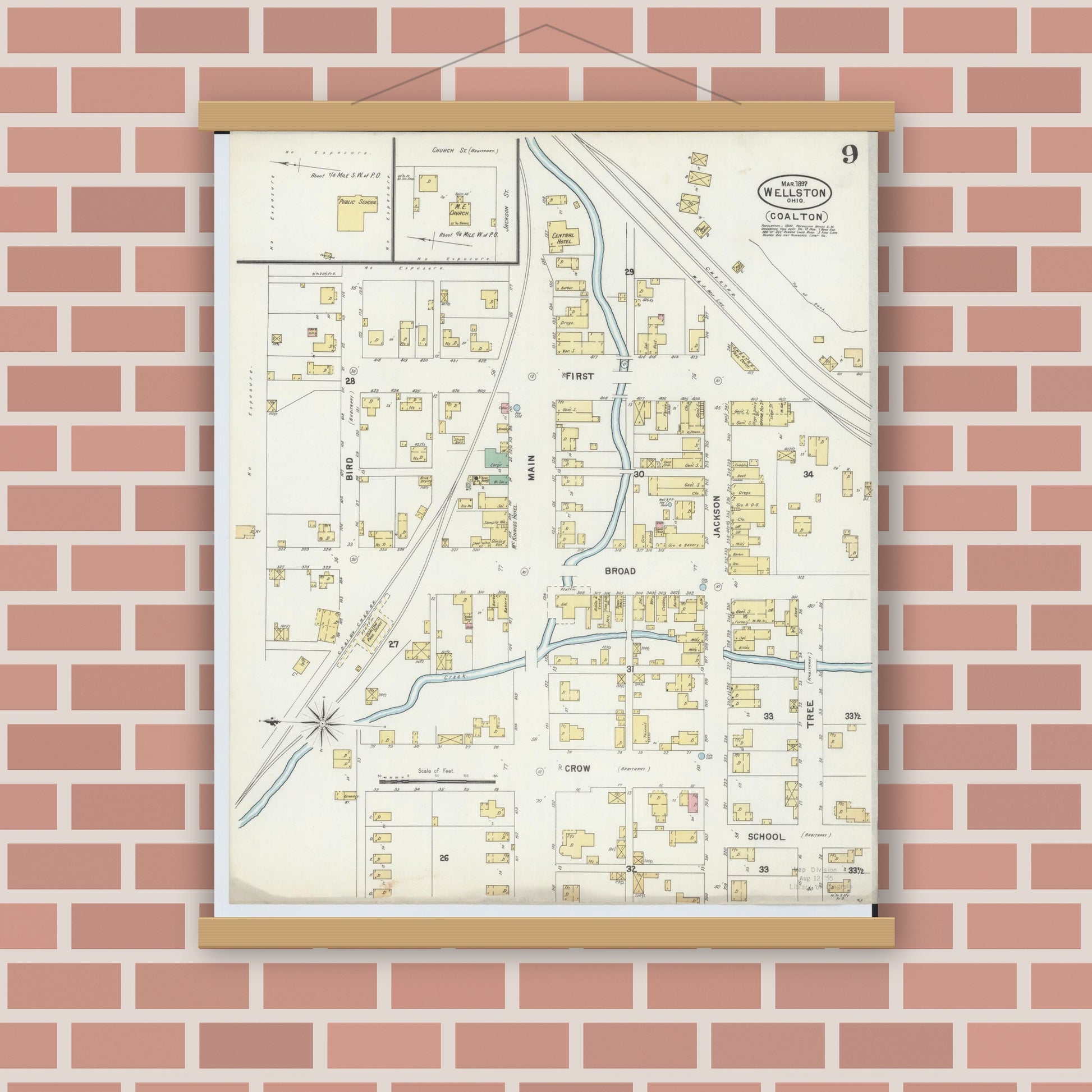 Old map wall art mockup — magnetic wood frame on brick wall — Sanborn Fire Insurance Map from Wellston, Jackson County, Ohio (1897), Sheet #0009