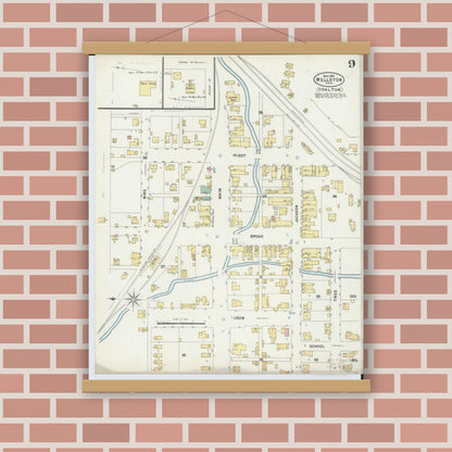 Old map wall art mockup — magnetic wood frame on brick wall — Sanborn Fire Insurance Map from Wellston, Jackson County, Ohio (1897), Sheet #0009