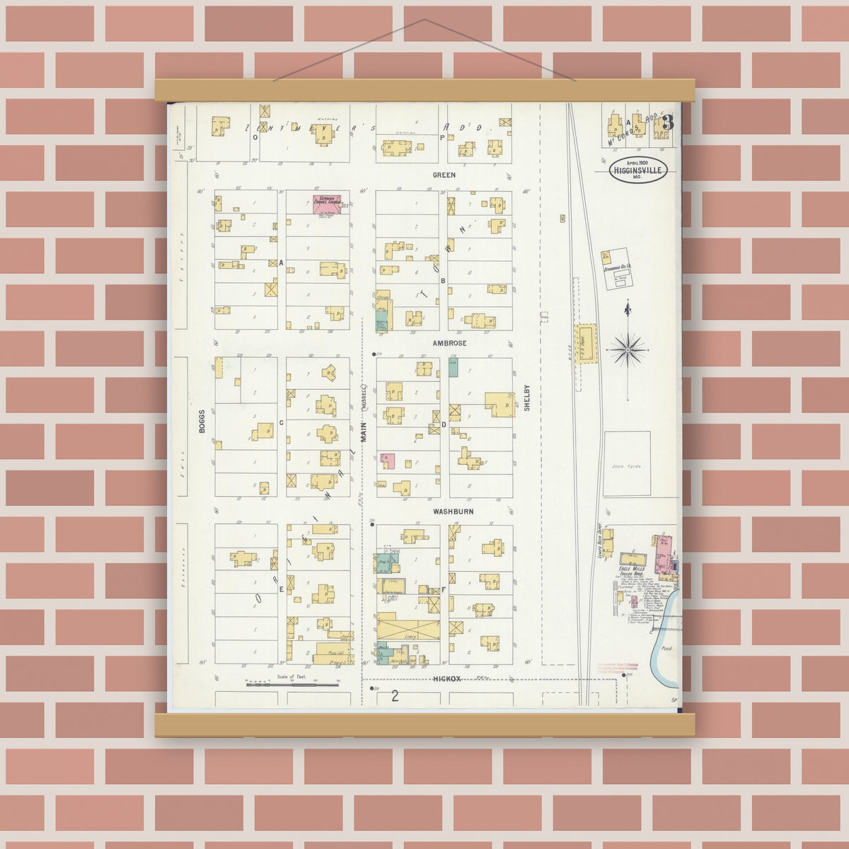 Old map wall art mockup — magnetic wood frame on brick wall — Sanborn Fire Insurance Map from Higginsville, Lafayette County, Missouri (1900), Sheet #0003