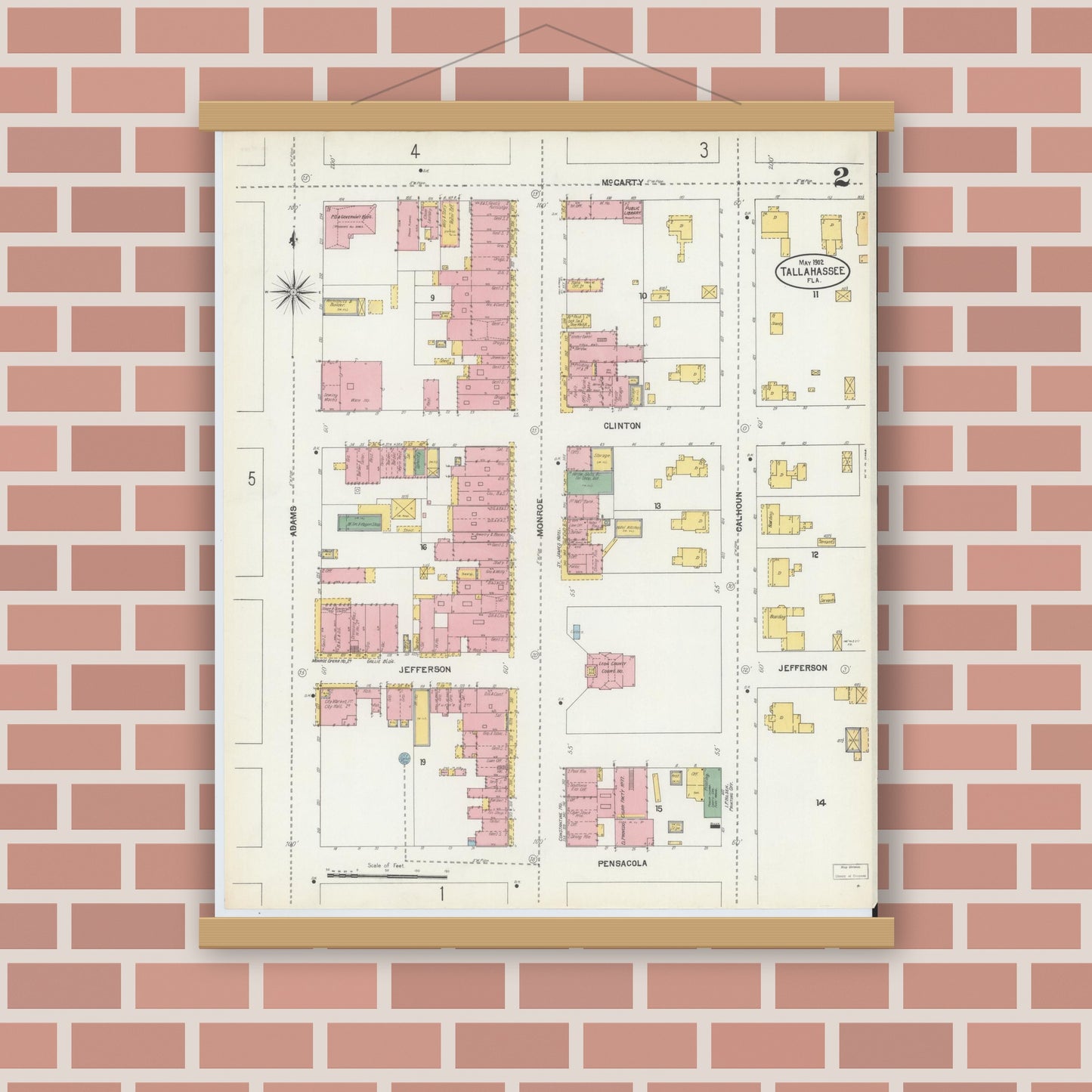 Old map wall art mockup — magnetic wood frame on brick wall — Sanborn Fire Insurance Map from Tallahassee, Leon County, Florida (1903), Sheet #0002