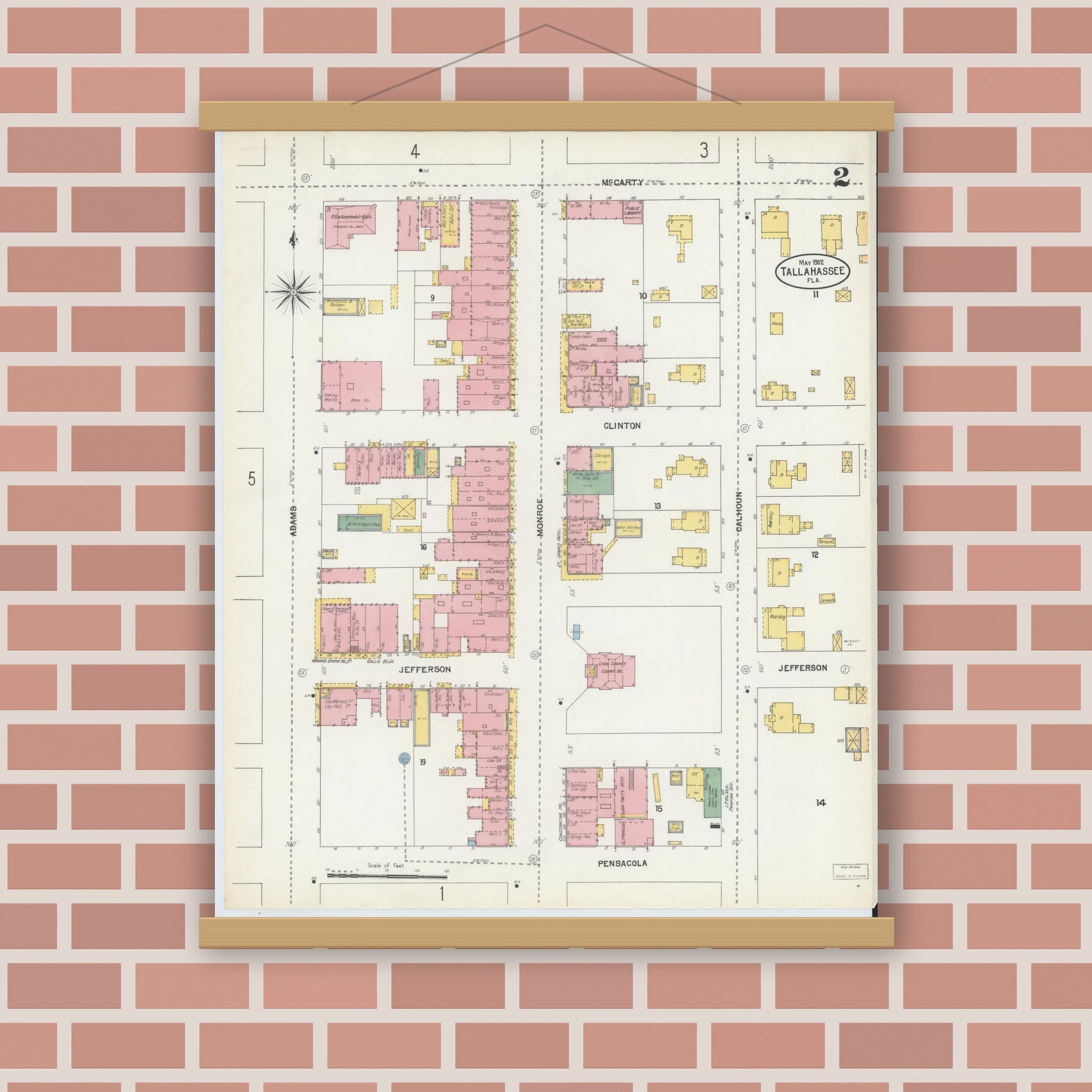 Old map wall art mockup — magnetic wood frame on brick wall — Sanborn Fire Insurance Map from Tallahassee, Leon County, Florida (1903), Sheet #0002