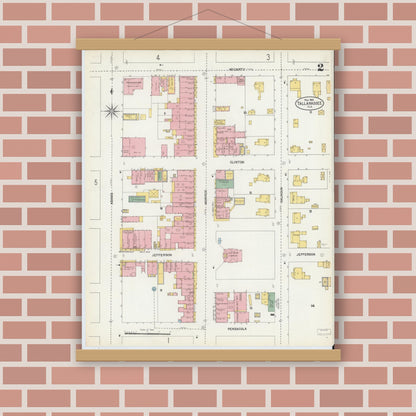 Old map wall art mockup — magnetic wood frame on brick wall — Sanborn Fire Insurance Map from Tallahassee, Leon County, Florida (1903), Sheet #0002